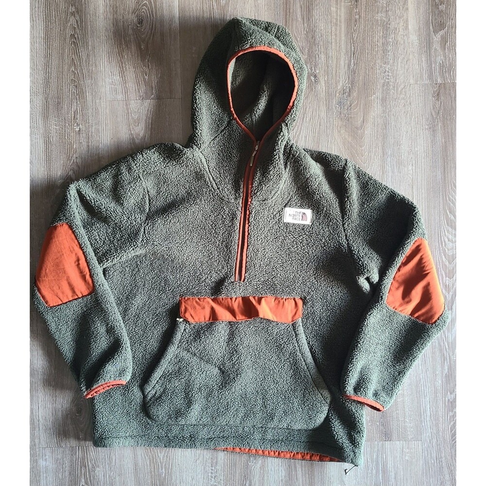 The North Face Hoodie Mens XL Olive Campshire Sherpa Fleece 1/4 Zip Pullover